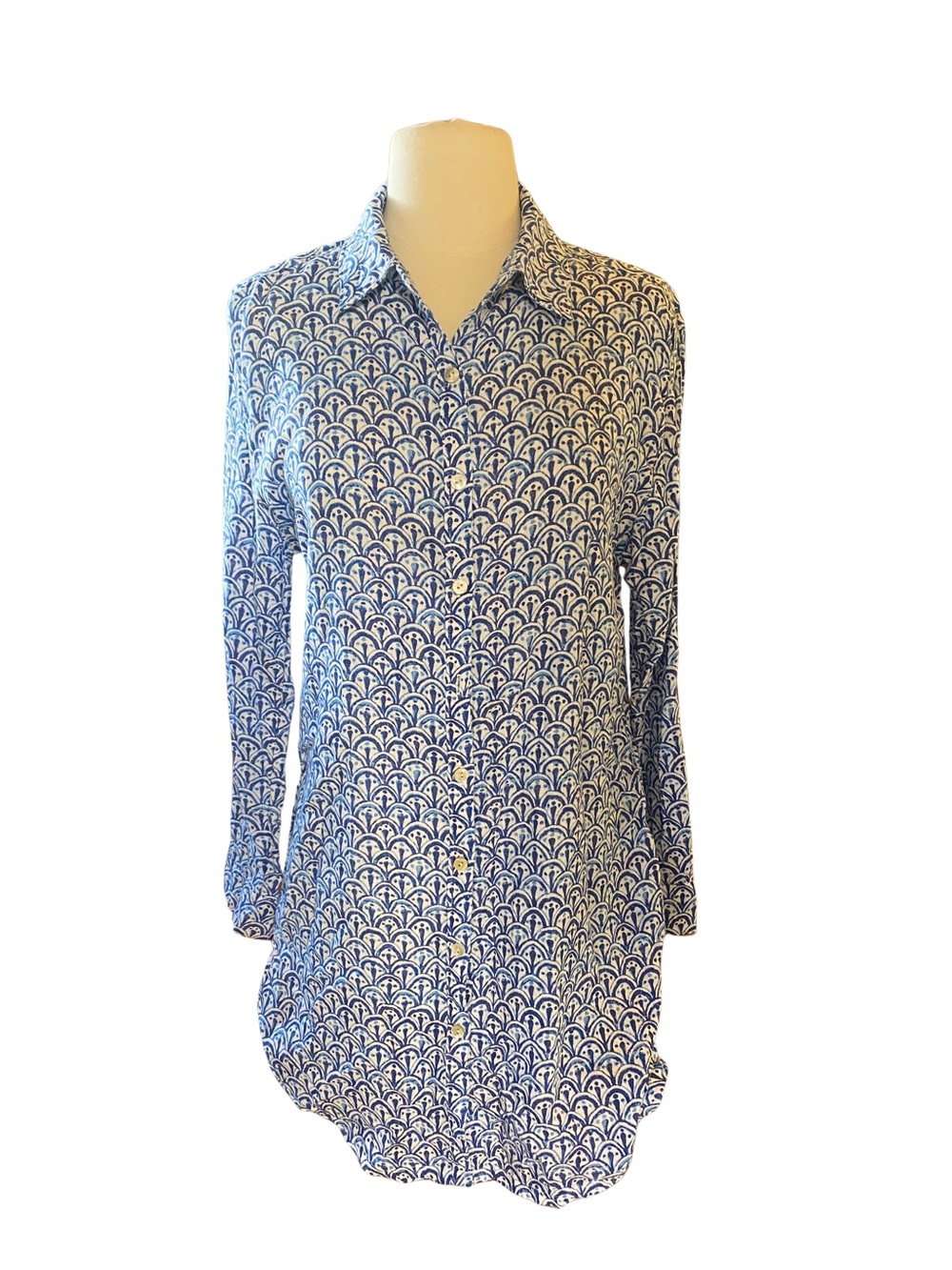 Sigrid Olsen Blue and White Geometric Button-Down Tunic